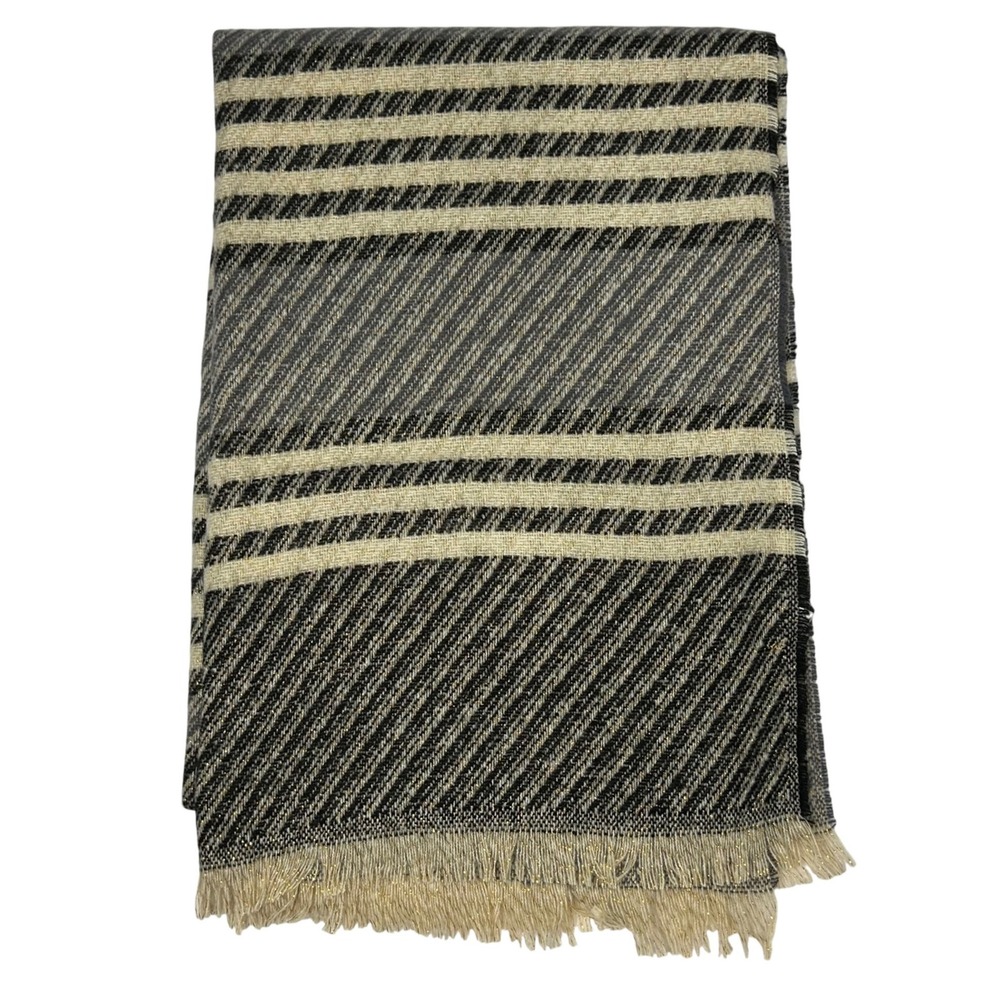Tahari Womens Striped Metallic Fringe Wrap Scarf Black Cream Gold TAWSC1702 NEW